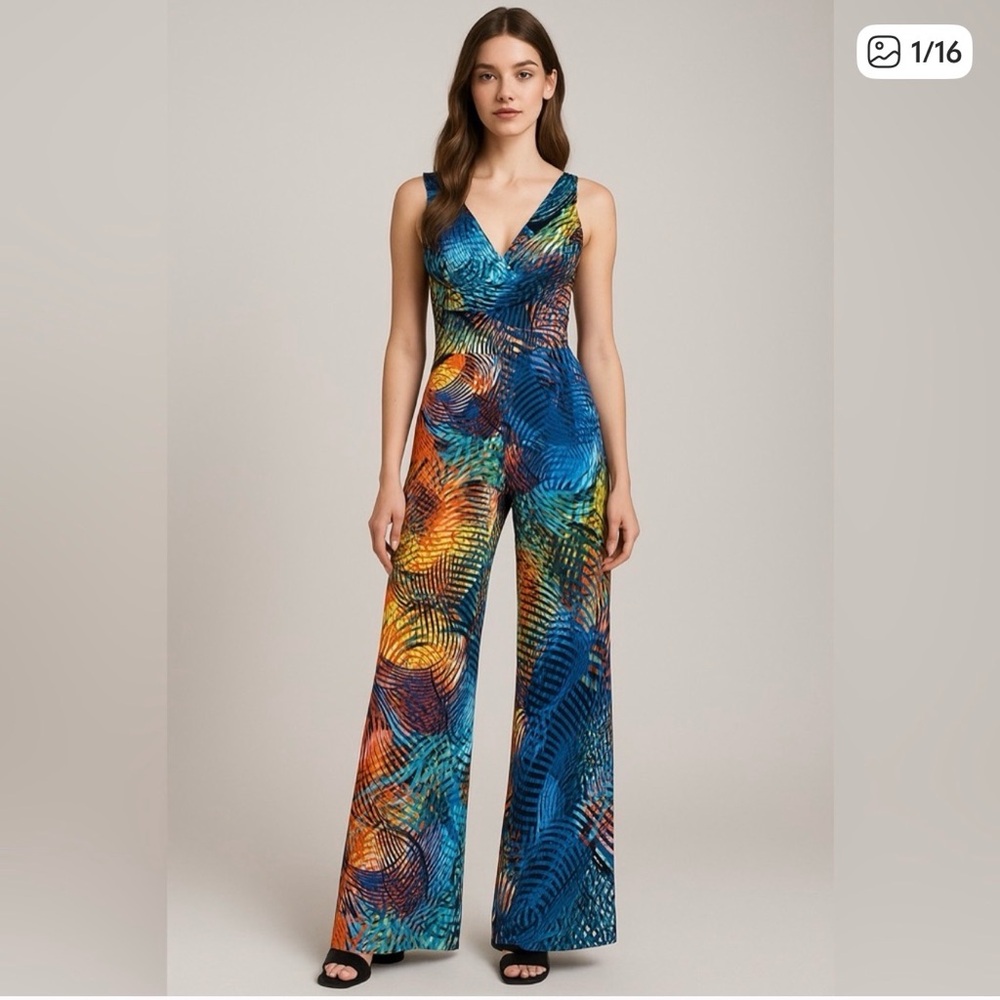 Pappagallo Blue And Orange Patterned Jumpsuit - image 1